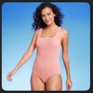 Women's Full Coverage Square Neck One Piece Swimsuit Kona Sol Coral Pink Size L